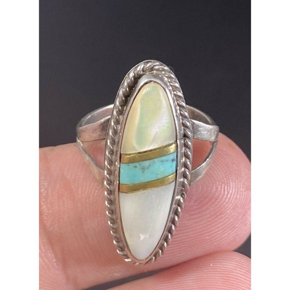 Native American SJ Sterling Silver Turquoise MOP Ring Size 6 - Picture 5 of 5